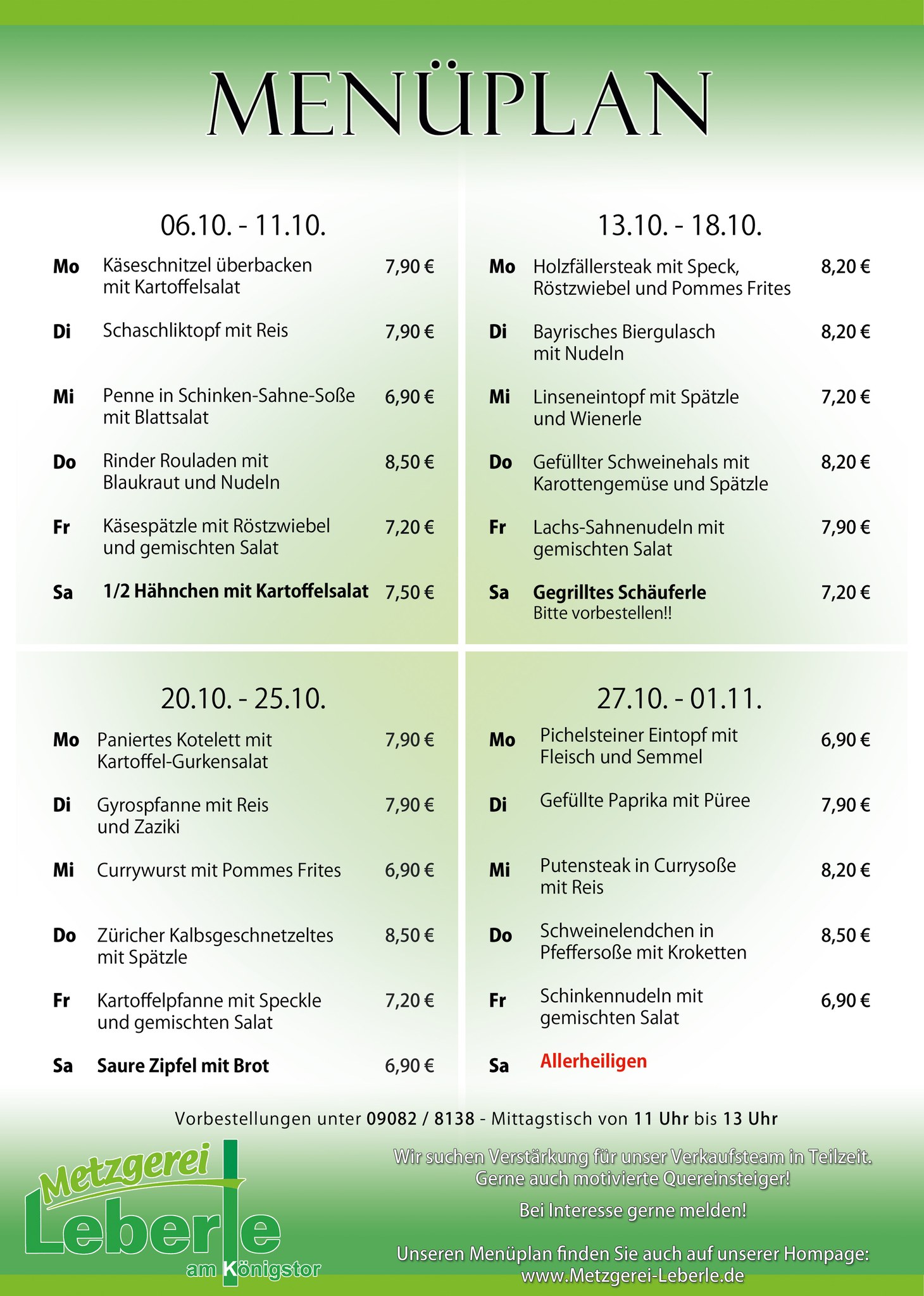 Menüplan der Metzgerei Leberle vom 06.10. bis 01.11.2025